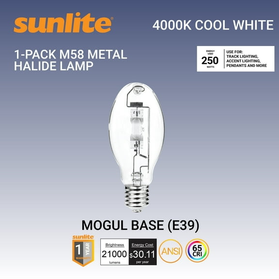 Sunlite 03658-SU MH250/U/MOG M58 Metal Halide Lamp, 250 Watts, Mogul Base (E39), ED28, 15,000 Hour Life Span, 21000 Lumen, Clear Finish, 4000K