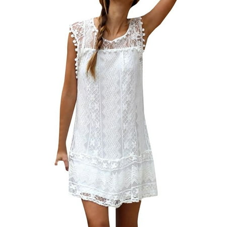 Lycra Lame Mini Dress - S-5XL Fashion Women Sleeveless White Lace Dress Straight Above-knee Mini Dresses