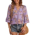thumbnail image 1 of VISgogo Blusas informales para mujer, con estampado floral, manga 3/4, cuello en V, con retazos, blusas sueltas VISgogo  moda, 1 of 7