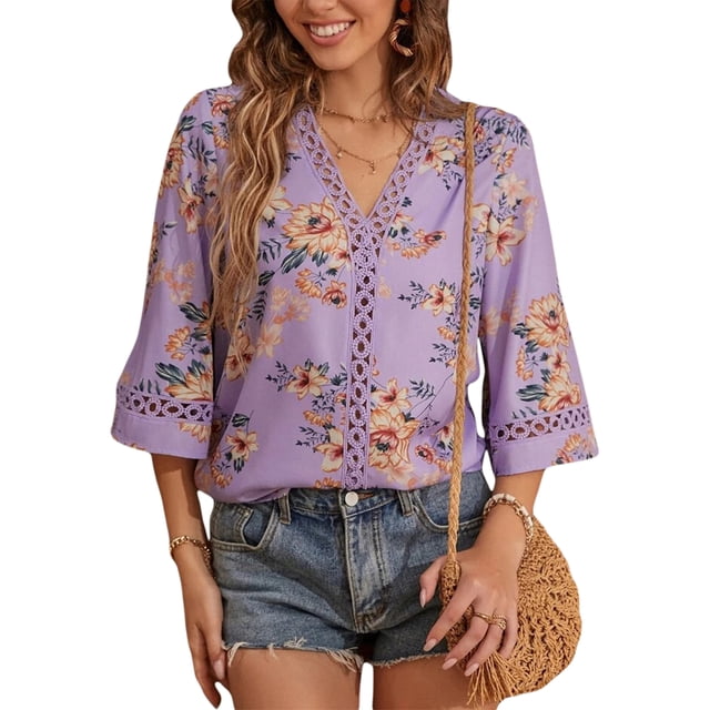 VISgogo Blusas informales para mujer, con estampado floral, manga 3/4, cuello en V, con retazos, blusas sueltas VISgogo moda