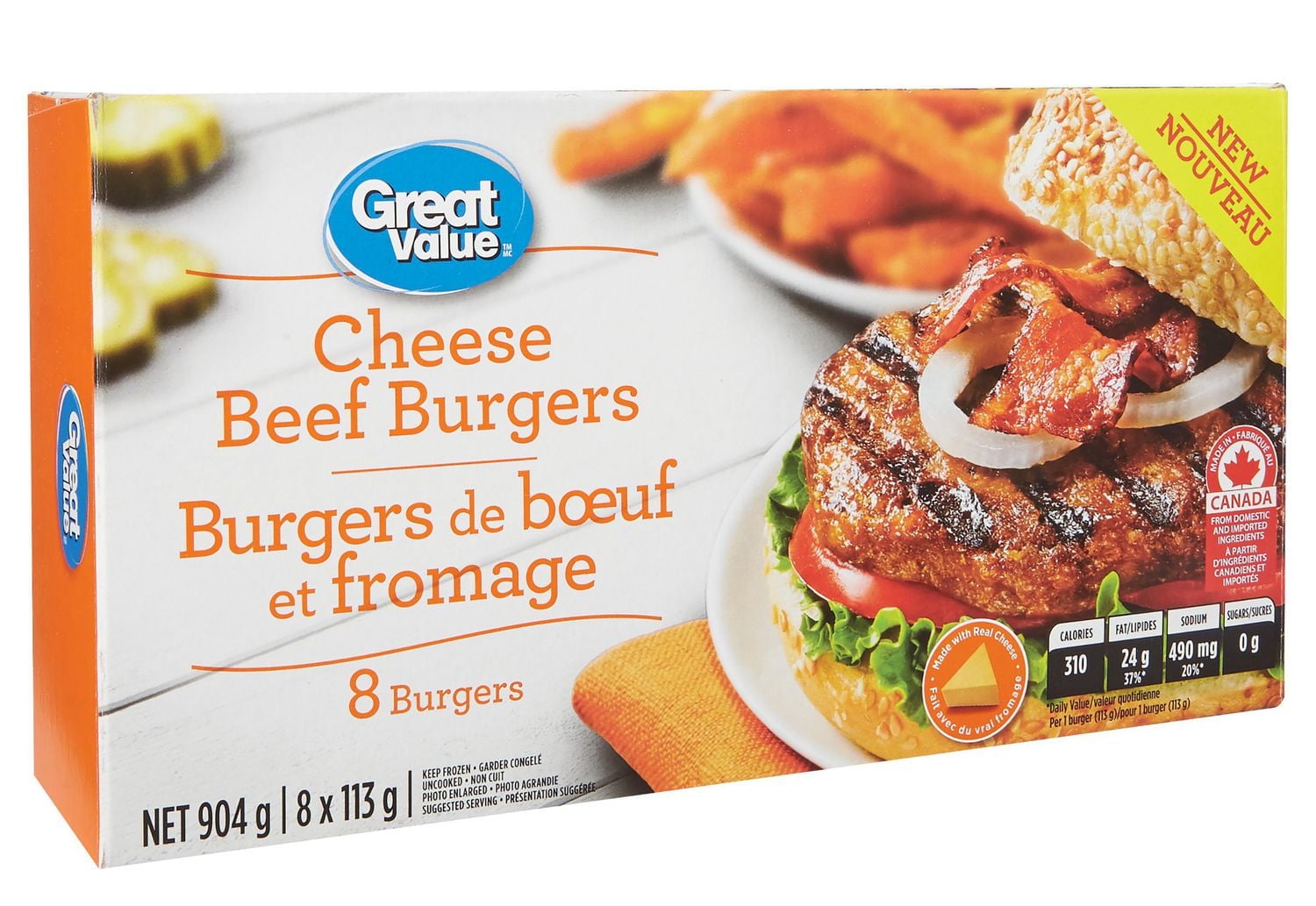 Great Value Frozen Cheese Beef Burgers, 8x113g, 904g