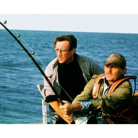 Jaws Robert Shaw strapped in chair onboard Orca holding rod Roy Scheider 8x10