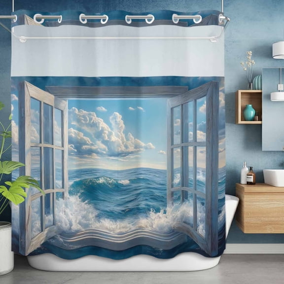 No Hooks Shower Curtain with Snap in Fabric Liner Set, Window Blue Sky Sea Wave Nautical Shower Curtains Waterproof Bathroom Curtain with See Through Top Window,Hotel Style,72x72in Coastal Ocean