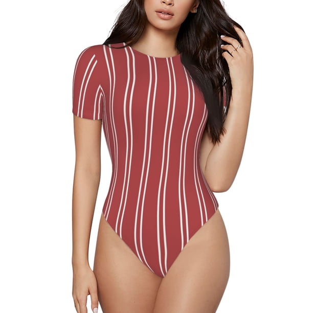 Balery Stripes Red White Body de cuello redondo de manga corta para mujer Tops de manga corta Tops básicos-Large