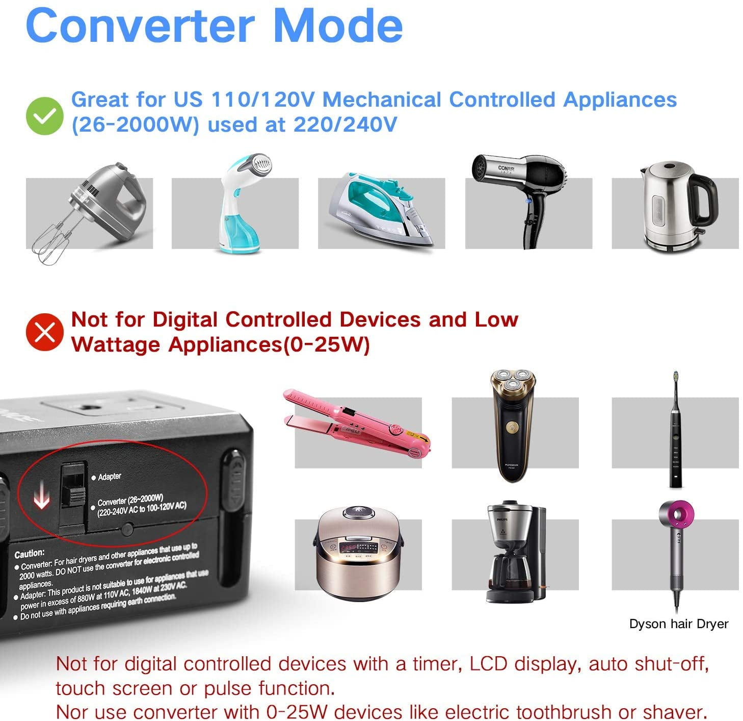8A Travel Power Adapter for Laptop MacBook Cell Phone 2000W Travel Adapter and Converter Combo DOACE Voltage Converter 220V to 110V for Hair Dryer Steam Iron US to UK Europe AU Over 190 Countries 