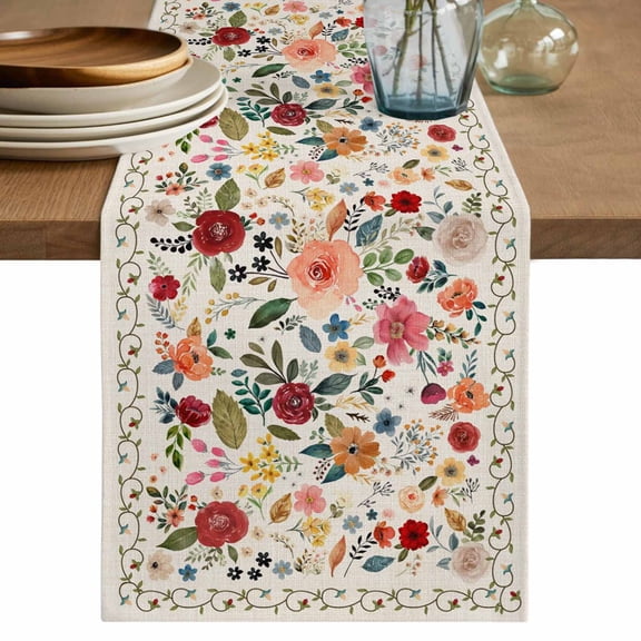 Watercolor Flowers Table Runner 108 Inches, Rustic Spring Floral Botanical Beige Bed Runner Dresser Scarves Tabletop for Indoor Outdoor Parties/Ceremony/Banquet, 13"x 108"