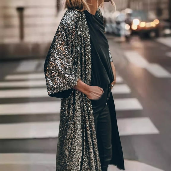 YFNNUP Women's Sequin Cardigan Casual 3/4 Sleeve Shinny Coat Open Front Sparkle Outwear Party Evening Glitter Cardigans
