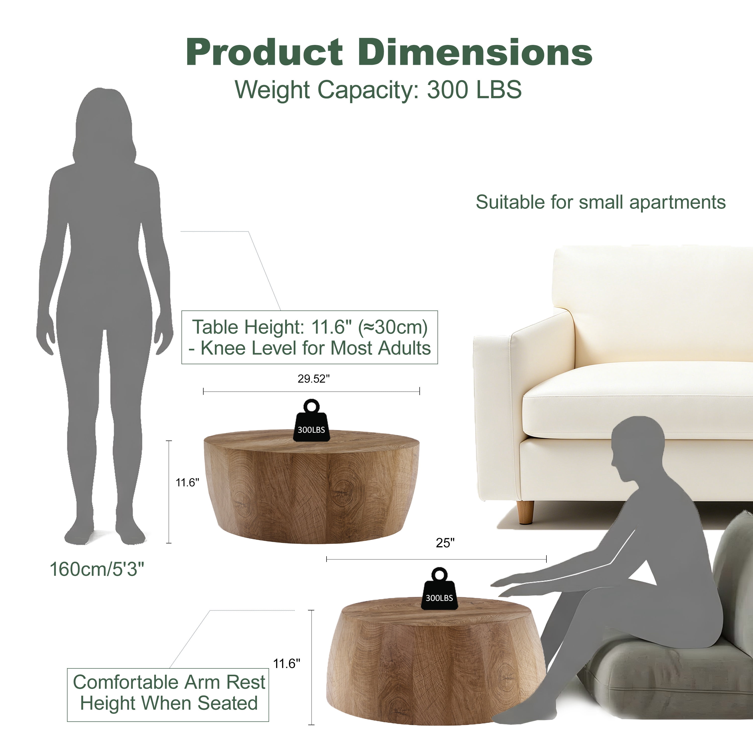 CasaGlajore Round Drum Coffee Table In Natural Finish, Round Coffee Table Made Of High-Quality MDF, Fully Assembled Living Room Table