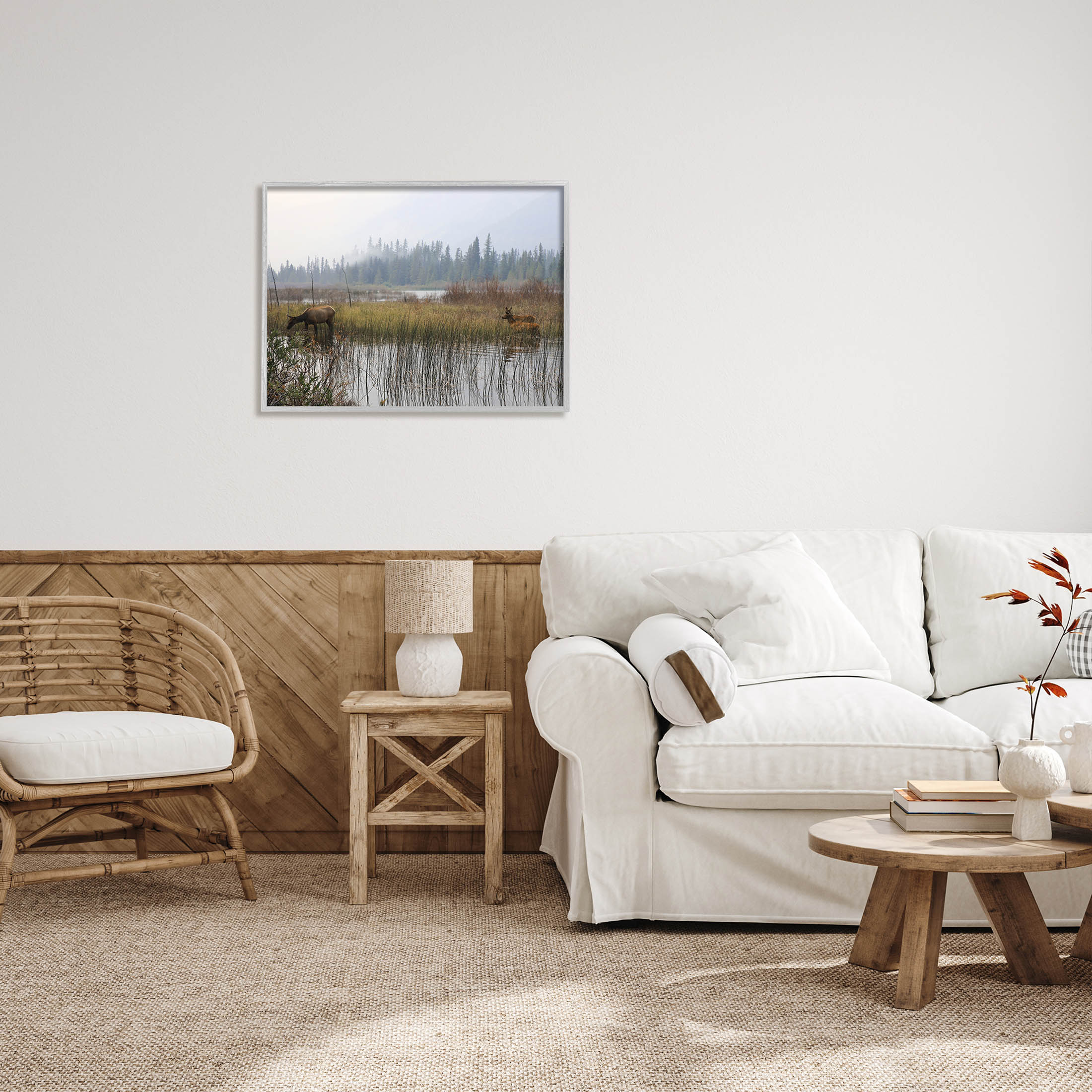 Animals Grazing Creek Landscape Landscape Photograph Gray Framed Art Print Wall Art