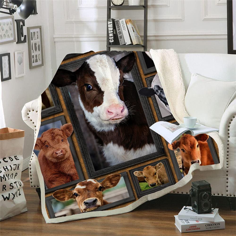 Cute Cow Print Blanket Cartoon Cow Print Bedding Sherpa Blanket Lightweight Warm Fluffy Blankets for Bedroom Living Room Bed Sofa Couch Camping Gift