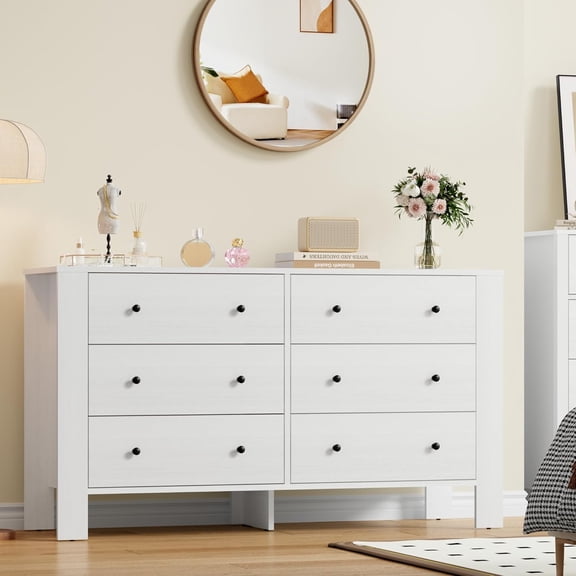 6 Drawer Dresser,Mid Century Modern Chest of Drawers,Wooden Bedroom Drawer Dresser with 6 Storage Drawers for Bedroom,Living Room,Entryway,Hallway