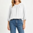 thumbnail image 5 of SSZMDLB Women Round Neck 3/4 Sleeve Pleated Blouse Casual Basic Summer Tops Fashion Tee Shirt Comfy Vacation Outfits Work Clothes, White S, 5 of 9