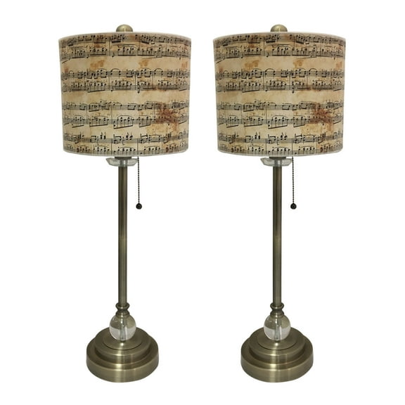 Royal Designs 28" Crystal and Antique Brass Buffet Lamp with Musical Notes Design Hardback Lamp Shade, Set of 2