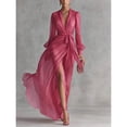 thumbnail image 3 of Elegant Pink Long Mesh Bishop Sleeve Dress With Flared Hem And Stand Collar, 3 of 6