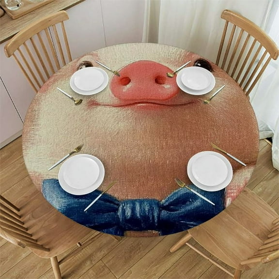 Patifu Pig Theme Waterproof Resistant Fabric Round Tablecloth Stain-Resistant and Washable for Indoor and Outdoor Restaurants, Weddings, Parties - 100% Polyester Fiber 31"-35