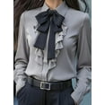 thumbnail image 2 of Women B-Ow Tie Neck Blouse Elegant Loose Button Down Ruffle Trim Shirts Long Sleeve Lapel Collar Tops Gray L, 2 of 3