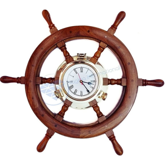 Nagina International Nautical Porthole Clock Ship Wheel | Maritime Antique Wall Decor (42 Inches)