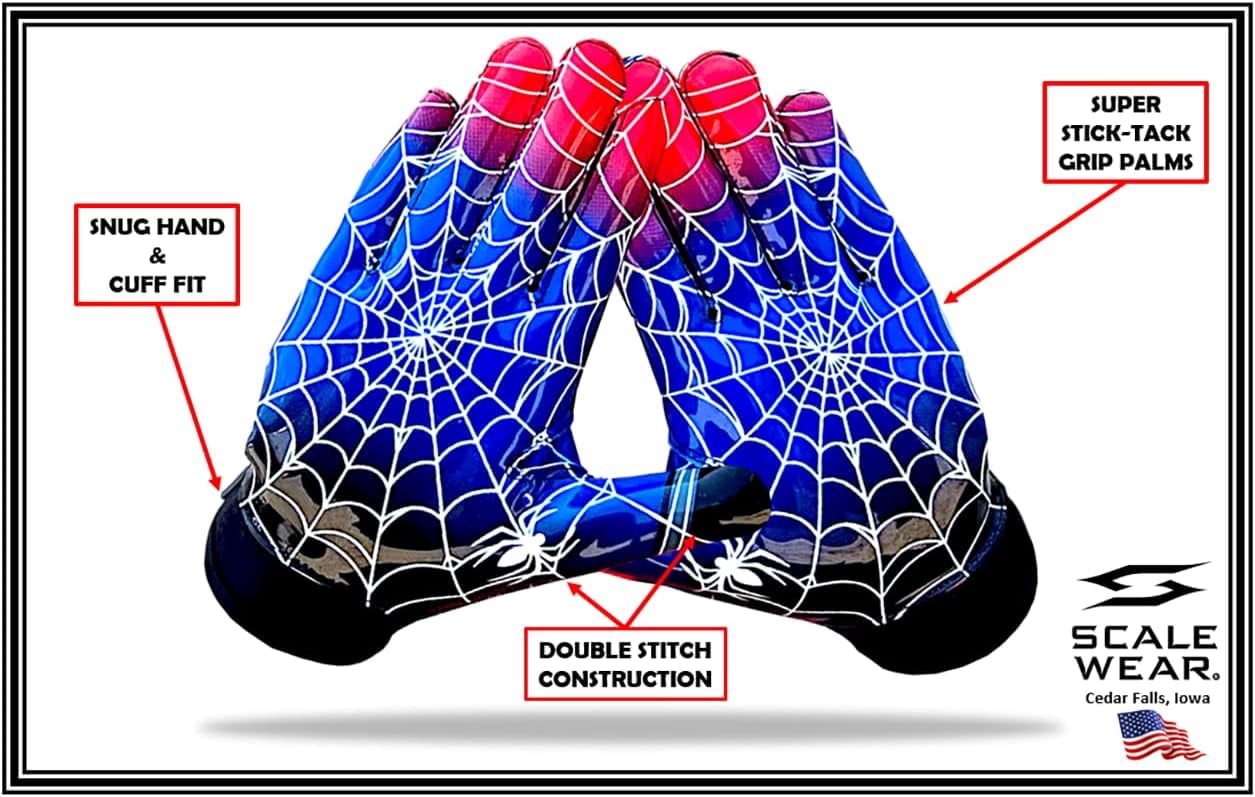 Scale Wear Design Stealth Spider Football Receiver Gloves - Tacky Sticky Grip Skin Tight Adult Pro Elite Super Performance Youth Man Boy Men Sizes (Adult - XL)