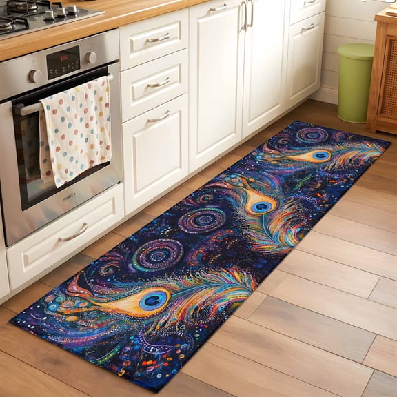 2'x6' Rug Runners for Hallways Kitchen, Purple Peacock Feather Non Slip Entryway Beside Floor Carpet Runner, Abstract Colorful Washable Laundry Room Bedroom Throw Rugs Mat for Family Pet