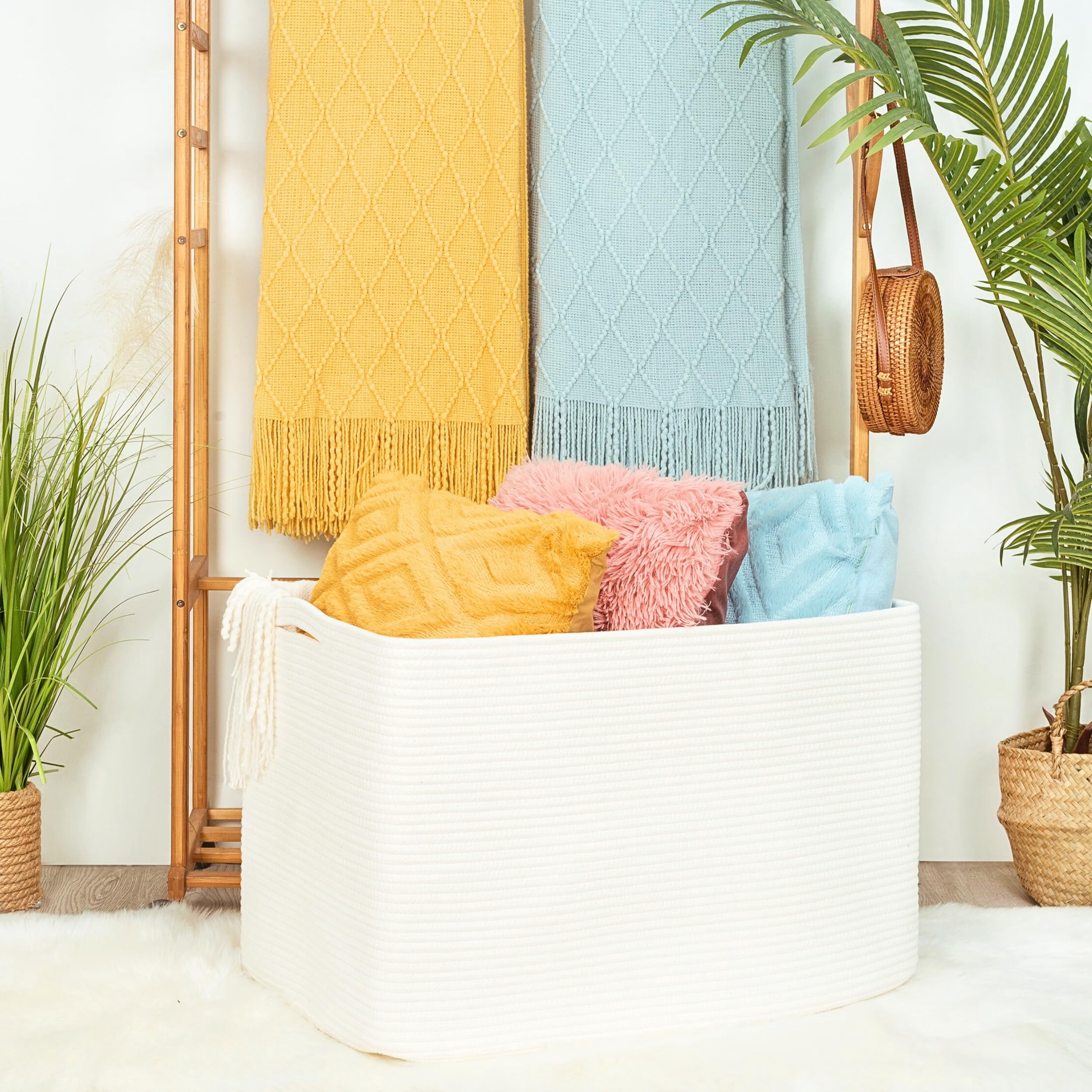 Creamy White Cotton Rope Rectangle Storage Basket 112L Extra Large For Laundry, Towels, Blankets
