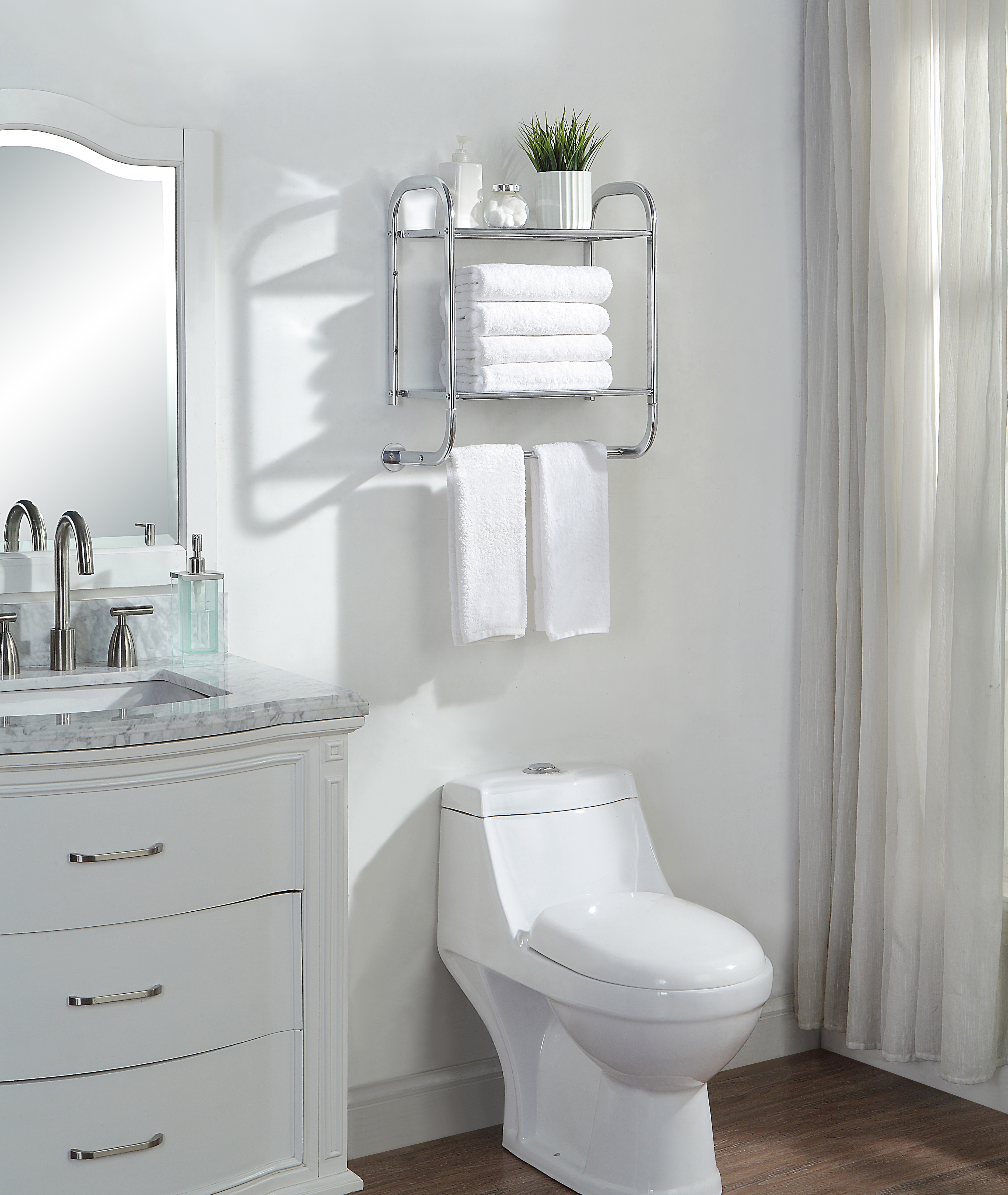 SunnyPoint Compact Wall Mount Tier Bathroom Shelf with Towel Bars  (Chrome)