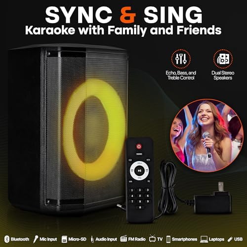 Pyle Portable Bluetooth Speaker with 8" Inch Woofer, TWS Function, Mic Input, USB/Micro SD/FM Radio, Colorful Ring Lights, 120W Rechargeable Battery, Tripod Stand, Hi-Fi Sound, Indoor/Outdoor Use
