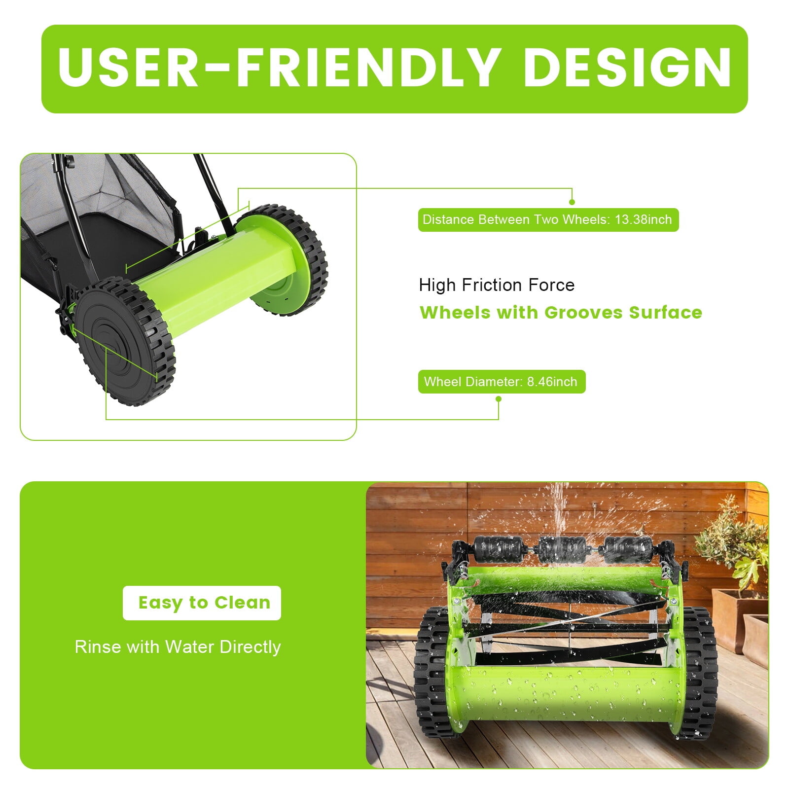 12-Inch Manual Reel Lawn Mower, 5-Blade Push Lawn Mower with 6-Gal Grass Catcher, Adjustable Cutting Height, Quiet Motorless Walk-Behind Grass Cutter for Small Yard, Garden, Lawn & Sidewalk