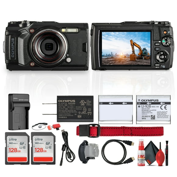 Olympus Tough TG-6 Digital Camera (Black) (V104210BU000) Bundle Including: 2x 128 GB Memory Card, Rechargeable Battery, Battery Charger, HDMI Cable, Cap Keeper, Flexible Tripod, Hand Strap, More