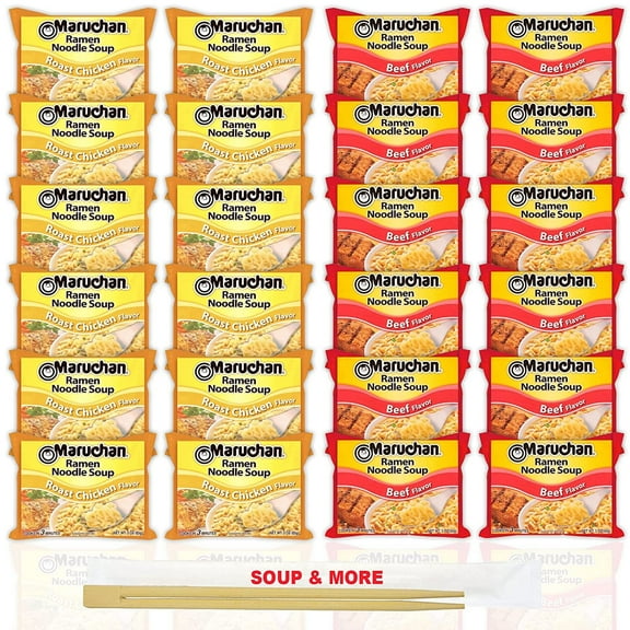 Maruchan Ramen Instant Noodle Soup Variety, 2 Flavors - 12 Packs Roast Chicken & 12 Packs Beef , 3 Ounce Single Servings Lunch / Dinner Variety