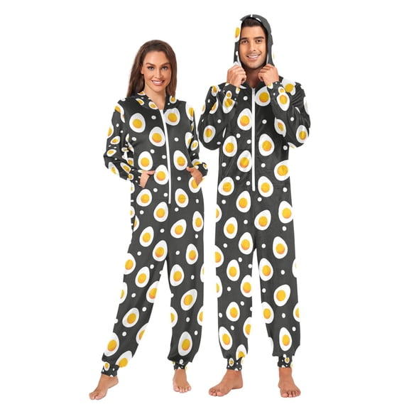 Adult Christmas Onesie Fried Eggs and Polka Dots on Black Background Zipper One-Piece Pajamas Unisex with Pockets