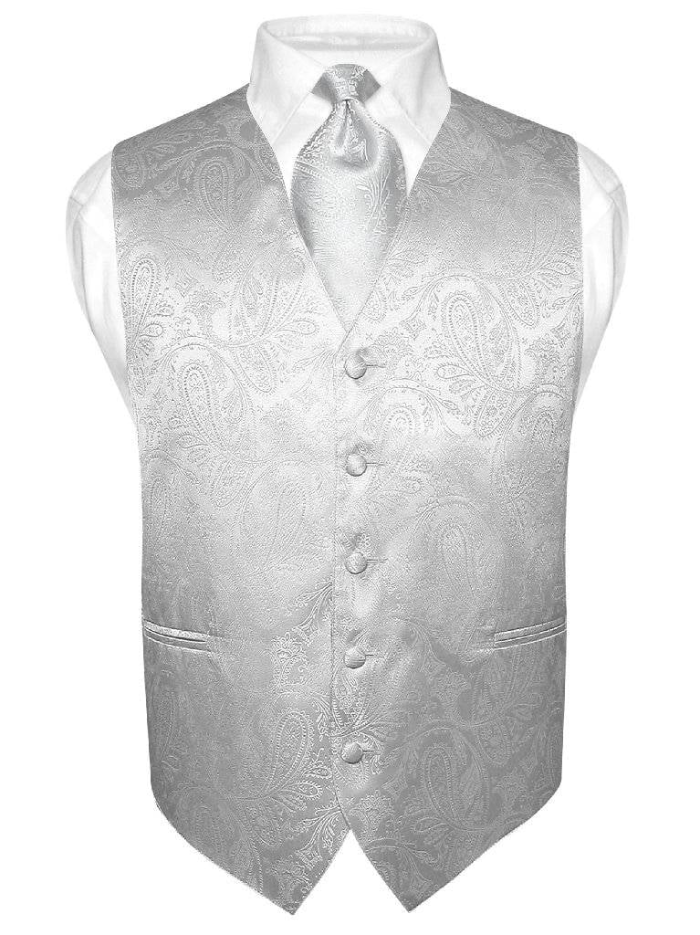 Men's Paisley Design Dress Vest & NeckTie SILVER GREY Color Gray Neck Tie Set 