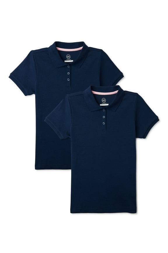 Girls School Uniform Interlock Short Sleeve Polo Shirt, 2-Pack, Sizes 4-18 & 10-16 Plus