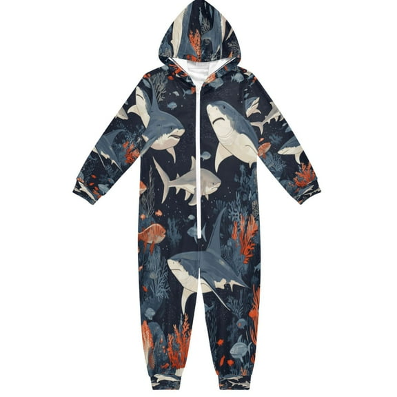 Soft Big Kids Onesie Pajamas Cozy Loose-Fit Jumpsuits for kids with Pockets for Christmas Lounge & Play Sharks and Manta Rays