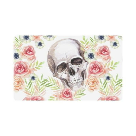 Mkhert Watercolor Floral Sugar Skull Roses Doormat Rug Home Decor