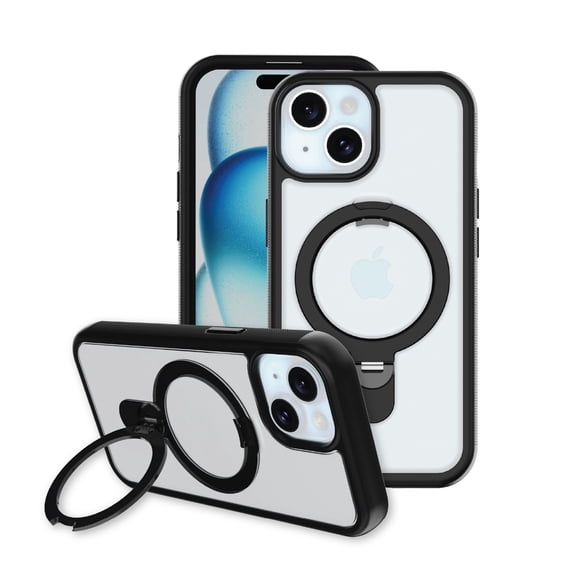 onn Phone Case with Ring Kickstand for iPhone 17e / 16e / 15 / 14 / 13, MagSafe Compatible, Rotating Kickstand - Frosted Clear/Black