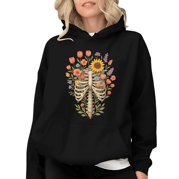 Women's Round Neck Printed Cotton Hooded Long-Sleeved Top Bone With Flowers Casual Loose Black S-2XL