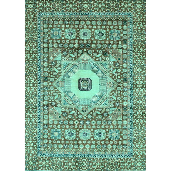 Ahgly Company Machine Washable Indoor Rectangle Abstract Turquoise Blue Modern Area Rugs, 7' x 10'