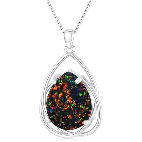 Natural Pear Cut Black Fire Opal Gemstone Pendant Necklace, 925 Sterling Silver December Birthstone Necklace Western Jewelry Gift for Women