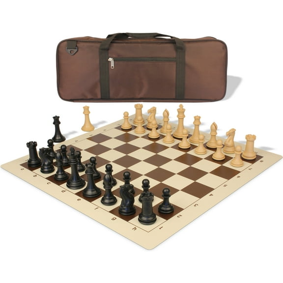 Professional Deluxe Carry-All Plastic Chess Set Black & Camel Pieces with Vinyl Roll-up Board & Bag - Brown