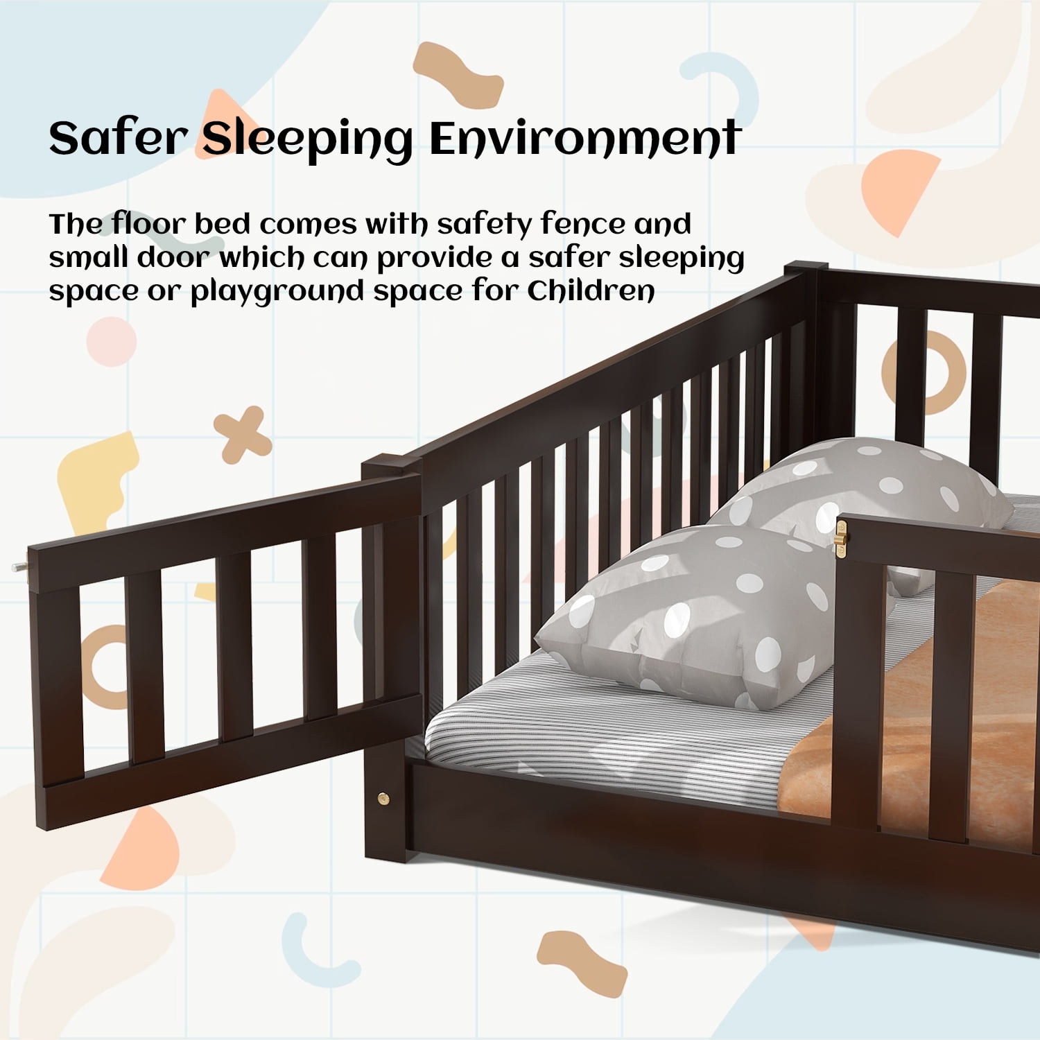 Queen Floor Bed for Children, Sturdy Wood Montessori Bed Frame with Wood Slats, Fence & Door, Montessori Floor Bed for Girls and Boys, Espresso