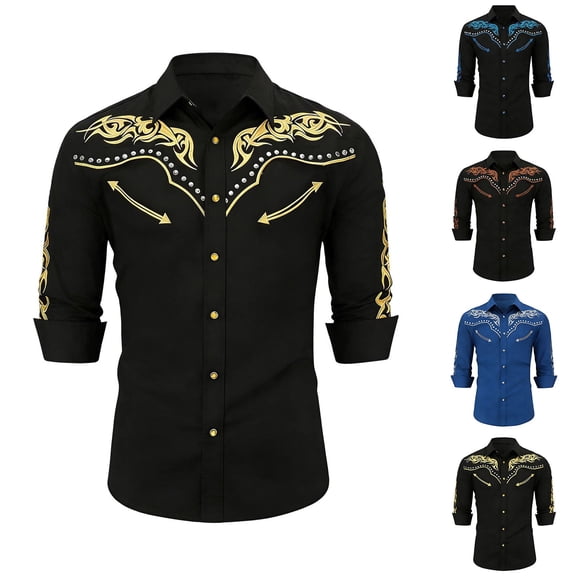 TrendOFT Cowboy Shirt for Men Western Shirts Long Sleeve Country Shirt Slim Fit Button Down Shirt Casual Work Black1