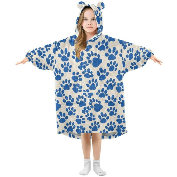 Wearable Blanket Hoodie for Kids Dog Footprints Flannel Hooded Blanket with Pockets and Sleeves Suitable for Boys and Girls