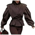 thumbnail image 2 of Women's Casual Jacket Fall Fashion Long Sleeve Belted Jacket Cropped Jackets Windbreaker Coat Street Lounge Wear Brown M, 2 of 8