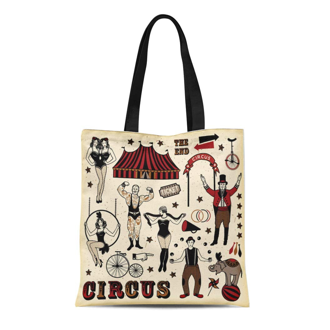 HATIART Canvas Tote Bag Yellow Vintage Big Top Circus Stars Carnival Acrobat Clown Reusable Shoulder Grocery Shopping Bags Handbag