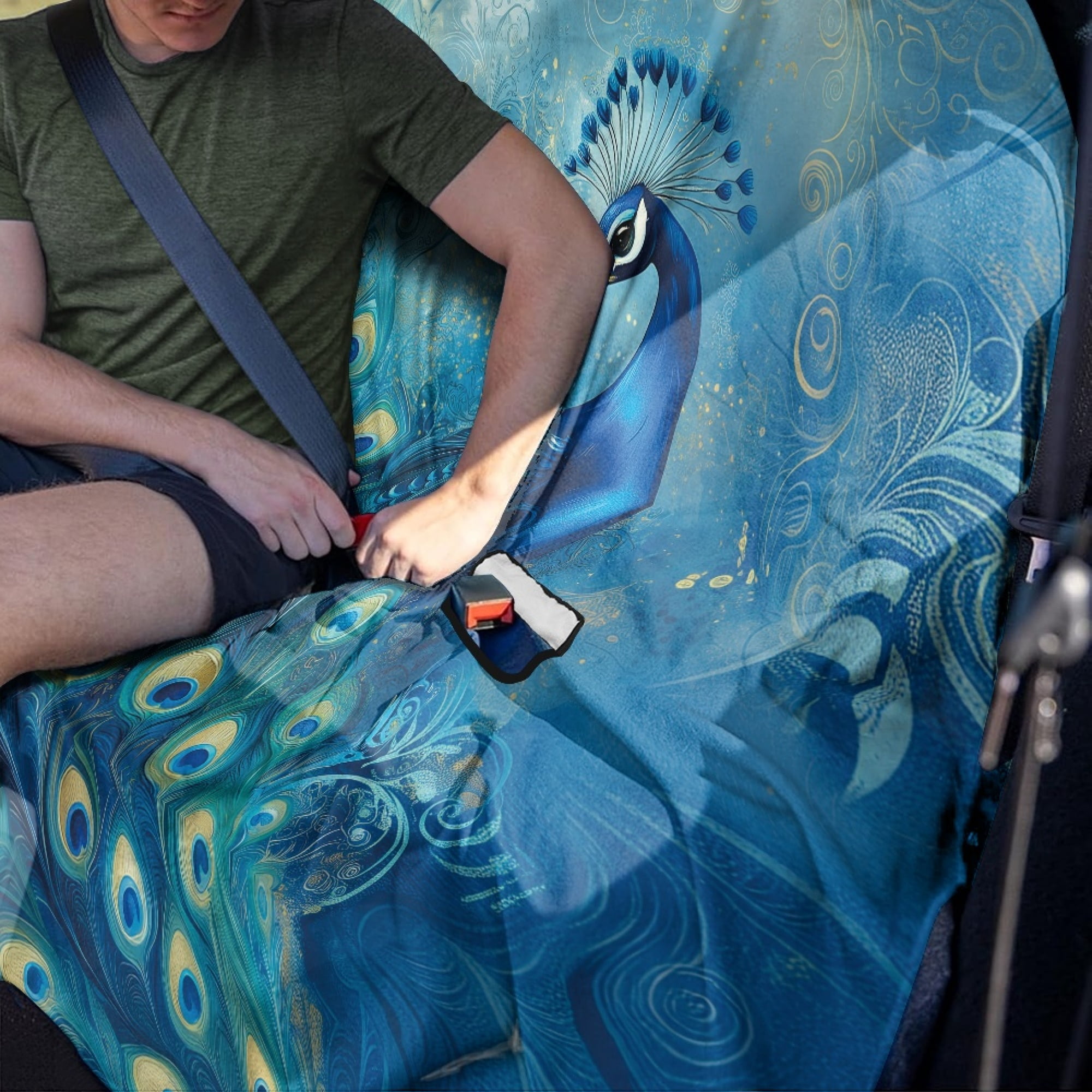 Drydeepin Blue Peacock Car Seat Cover Towel Backseat Breathable Rear Bench Towel Seat Covers Non-Slip Universal Fit for Sedan Trucks Van SUV, Automotive Seat Protector