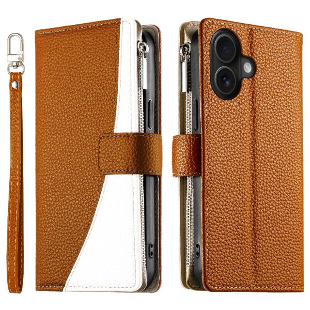 Funda cartera GANGXUN para iPhone 16 , cuero PU con tarjetero, cremallera, correa de mano, soporte y protección 932°