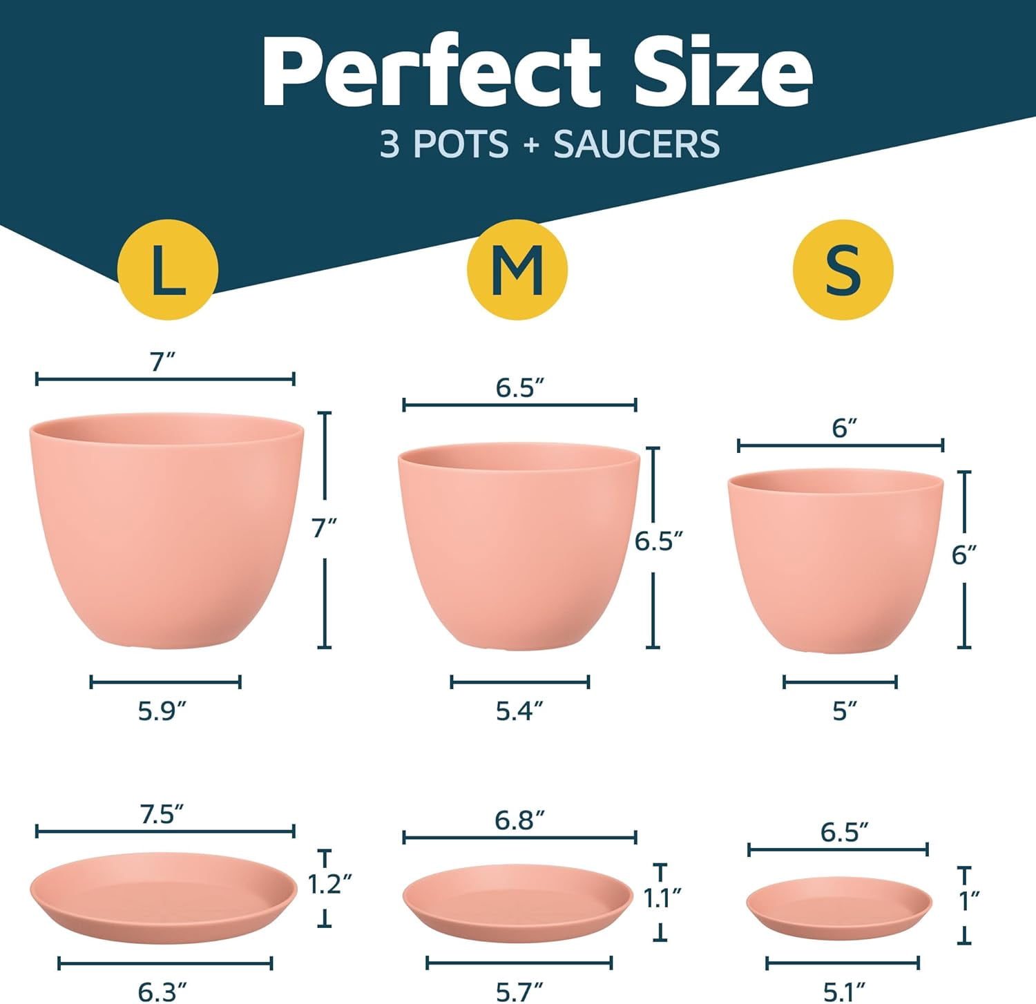 Pink Plant Pots with Drainage Holes & Saucers 3 Packs, Indoor & Outdoor Stackable Plastic Planters in Multiple Sizes for Houseplants & Flowers, Durable & Weatherproof Materials, Matte Finish