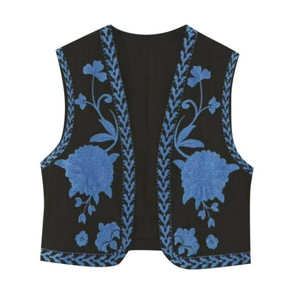 GEWSEY Cowgirl Vest Western Outfit For Women Embroidery Linen Vest Cropped Cardigan Boho Top (Black, XL)