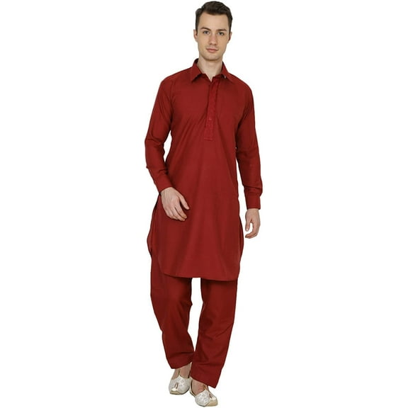Royal Kurta Mens Rich Cotton Blend Pathani Kurta Salwar Set Red