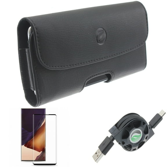 Case Belt Clip & Screen Protector & USB Cable for Samsung Galaxy Note 20 Ultra (6.9") - Combo with Leather Holster & Tempered Glass (Fingerprint Unlock) & Retractable Type-C